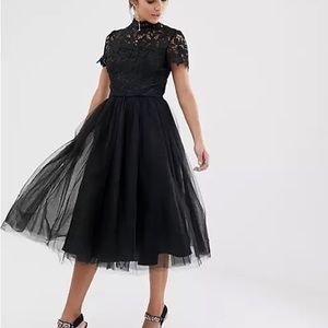 ASOS Chi Chi London High Neck Lace Midi Dress with Tulle Skirt